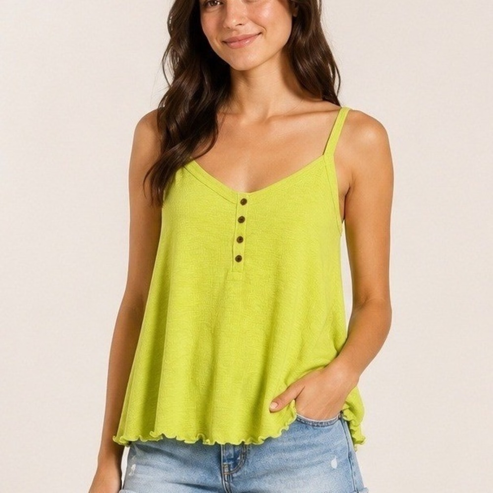 American Eagle Lime Green Henley Cami Waffle Knit Lettuce Hem Tank Top Small